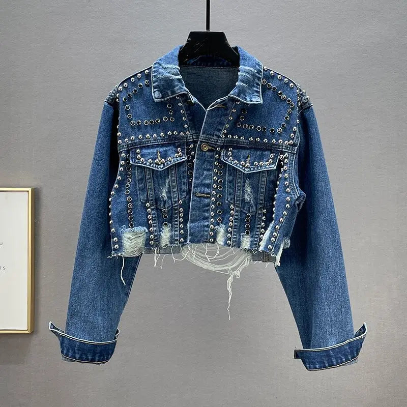 Women's Heavy Industry Riveted Diamond Denim Jacket Spring  Autumn New Slim Fashion Frayed Beaded Jacket Denim Female Tops 2026