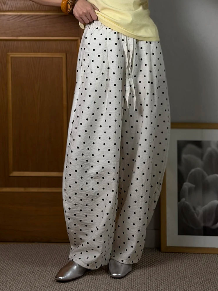 Black Polka Dot Linen Pants Women Wide Leg Summer Trousers Baggy For Ladies White Oversize Cotton Linen Pants Woman Wide