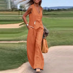 Casual Tank And Wide Leg Pant Sets 2 Piece Sets Women Outfit Summer Elegant Solid Cotton Linen Tops Trousers Suit Femme