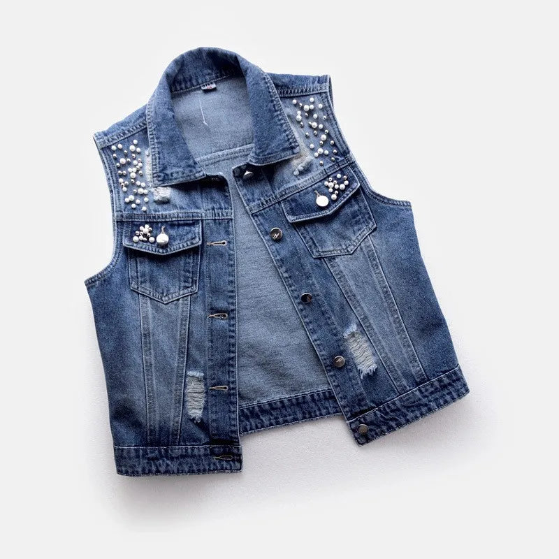 Women Lapel Jacket Vintage Denim Vest Loose Fit Bead Decor Single-breasted Hop Streetwear for Ladies Fall/spring Waistcoat