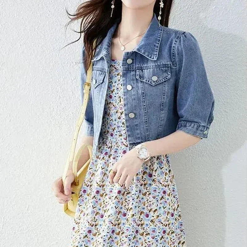 Half Sleeve Denim Fit Harajuku Street Denim Jacket Women Vintage Crops Trendy Turn Down Collar Jackets Women Basic Solid Outwear