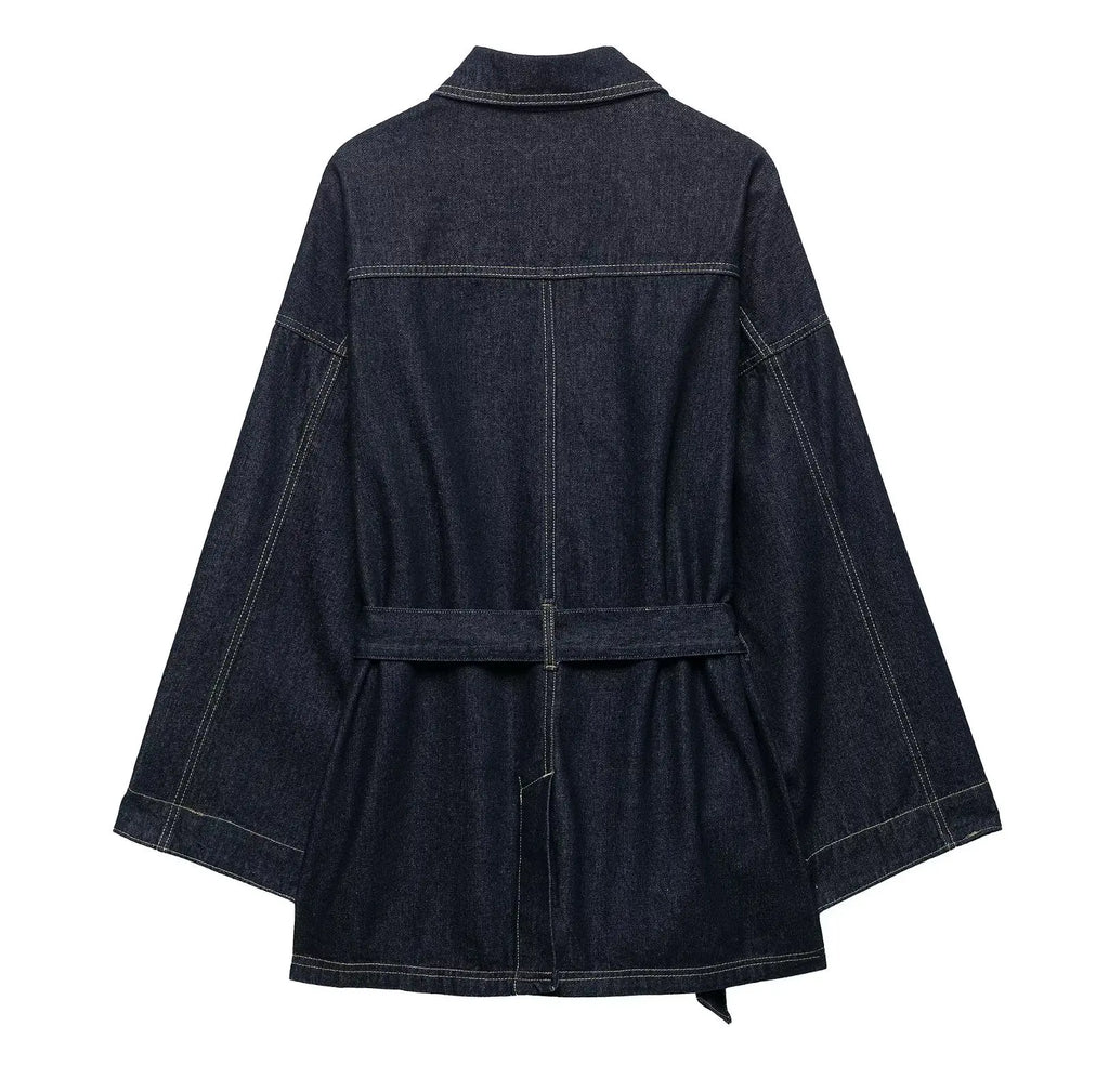 Women's Denim Jacket Solid Color Straps Waist Cinched Turndown Collar Fashionable Versatile Casual Spring Autumn Jacket 2025 New