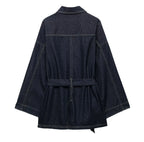 Women's Denim Jacket Solid Color Straps Waist Cinched Turndown Collar Fashionable Versatile Casual Spring Autumn Jacket 2025 New