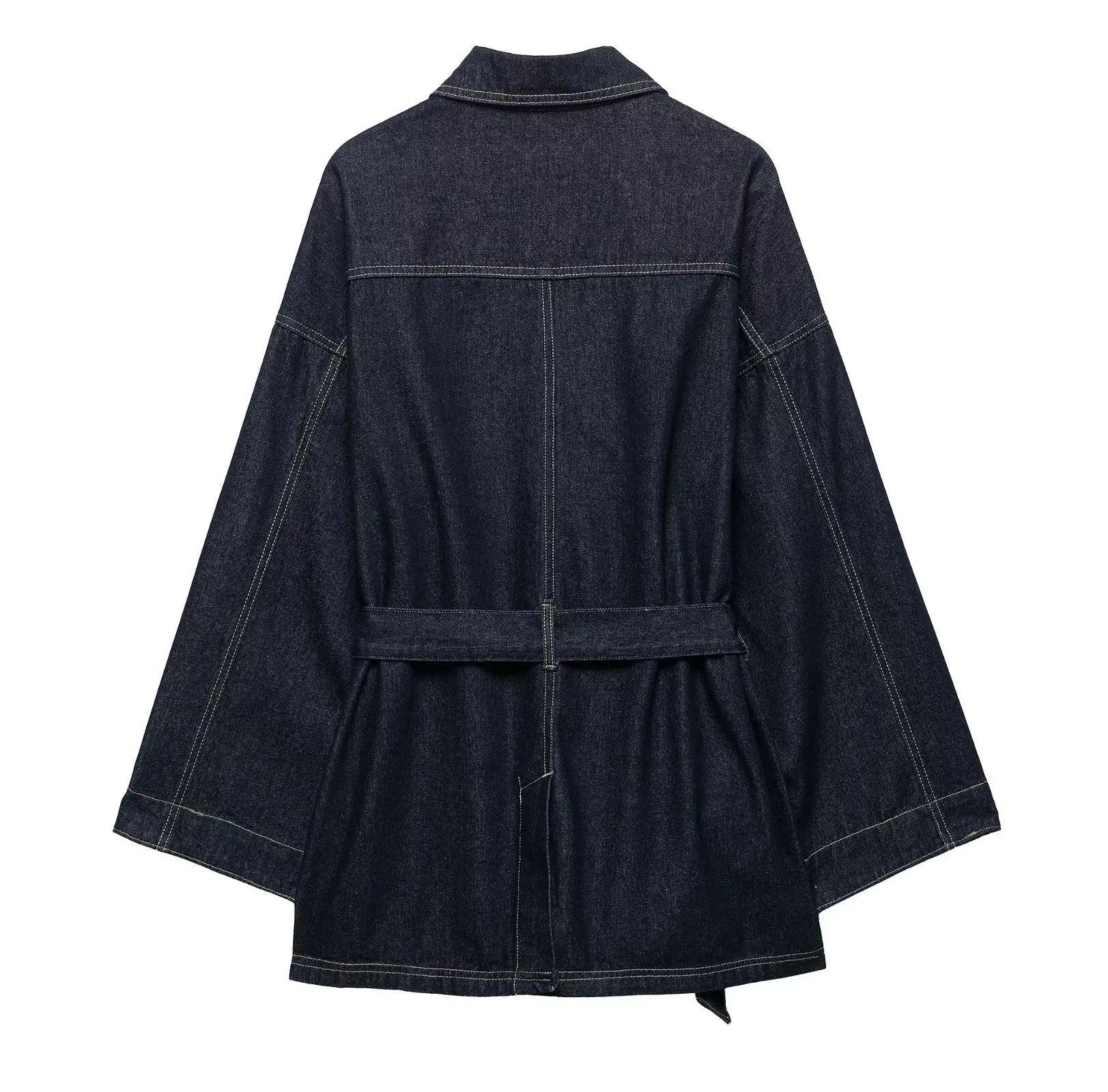 Women's Denim Jacket Solid Color Straps Waist Cinched Turndown Collar Fashionable Versatile Casual Spring Autumn Jacket 2025 New