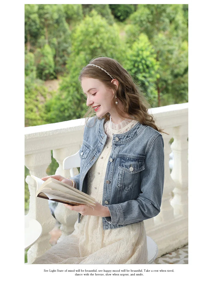 I BELIEVE YOU Short Denim Coat for Women 2024 Crew Neck Autumn New Casual Basic Straight Comfort Retro Female Jackets CWN245542A