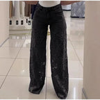 Lace Spliced Elegant Hollow Out Jeans Women New Fashion Temperament High Waist Straight Loose Denim Trousers Y2k Streetwear
