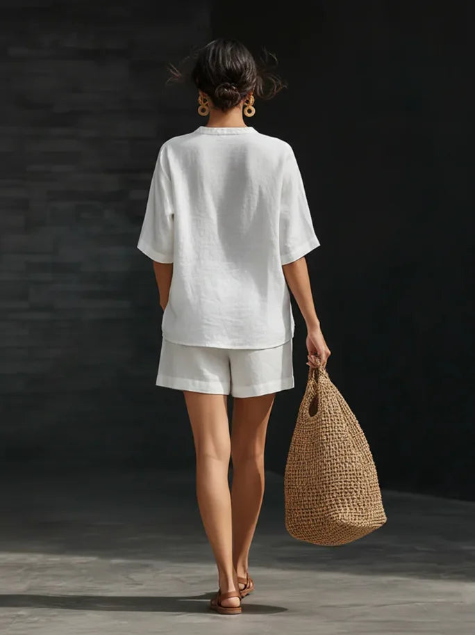 Women Casual Suits Fashion Two Pieces Sets Spring Summer Cotton Linen Loose Long Sleeve Drawstring Blouse Ruffles Shorts Set