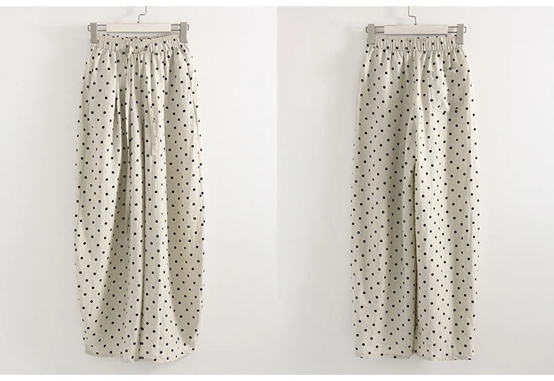 Black Polka Dot Linen Pants Women Wide Leg Summer Trousers Baggy For Ladies White Oversize Cotton Linen Pants Woman Wide