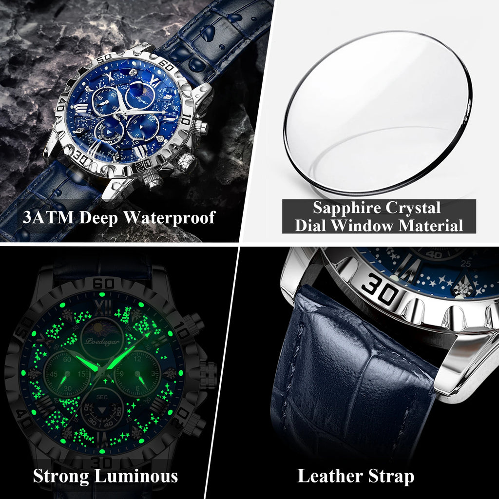 POEDAGAR Top Functional Luxury Man Wristwatch Waterproof Luminous Chronograph Leather Sports Watches For Men Quartz Men's Watch