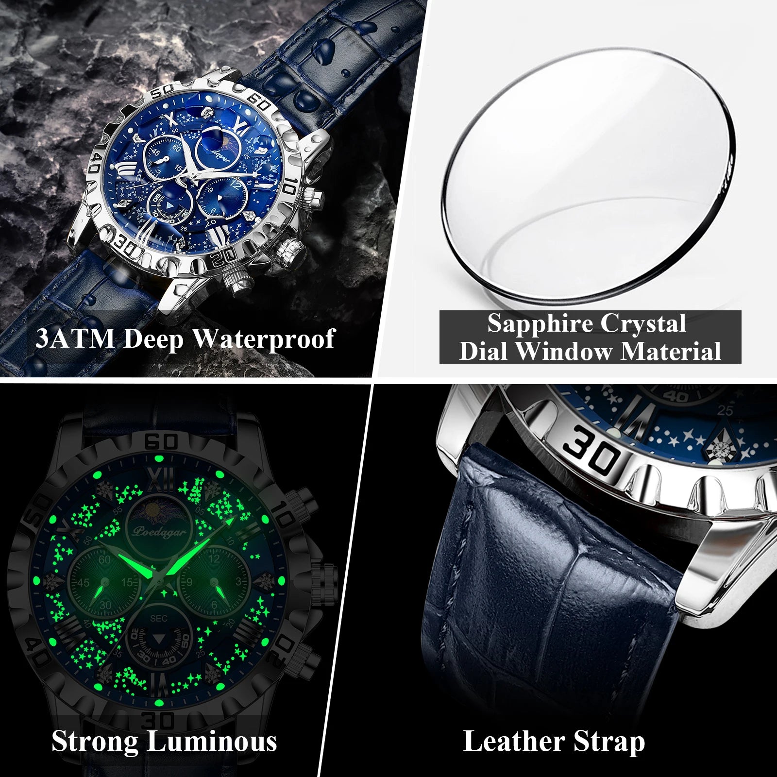 POEDAGAR Top Functional Luxury Man Wristwatch Waterproof Luminous Chronograph Leather Sports Watches For Men Quartz Men's Watch