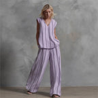 Black White Vertical Striped Loose Top+Wide Leg Pants Two-piece Summer Women's Loose Cotton Linen Trousers Set Костюм Женский