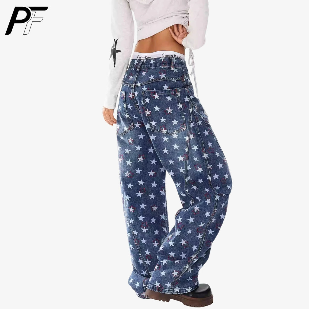 Y2K Vintage Star Print Baggy Jeans Harajuku Unisex Baggy Wide Leg Hip Hop Denim Pants Loose Trendy Casual Trousers 2026 New