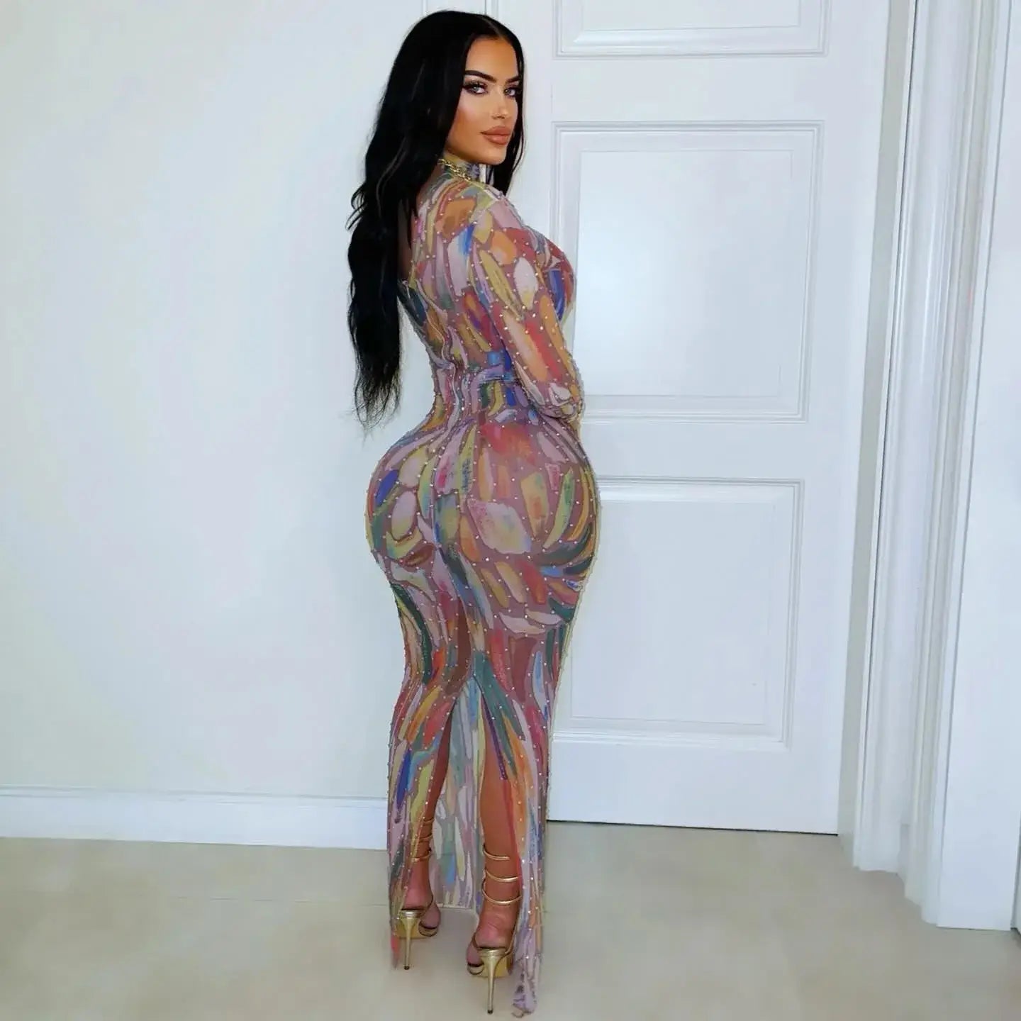 Long Sleeve Water-Media Net Diamond-Heated Party Gown