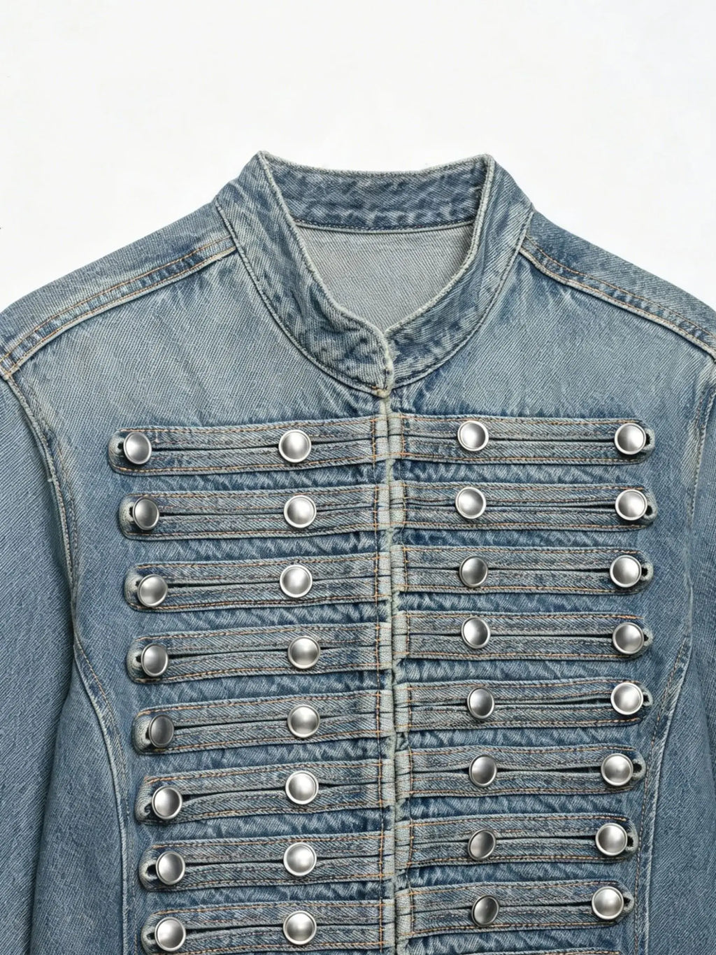 HH Women Vintage Distressed Denim Military Jacket Spring Autumn Slim Fit Biker Style Button Female Cropped Jean Coat Streetwear