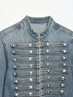 HH Women Vintage Distressed Denim Military Jacket Spring Autumn Slim Fit Biker Style Button Female Cropped Jean Coat Streetwear