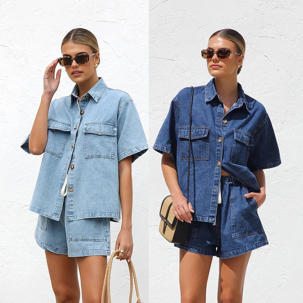 Summer Trendy Women's Casual Loose Pocket Short Sleeve Shirt Cowboy Two Piece Set
