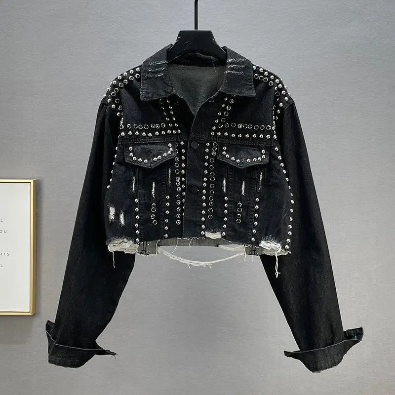 Women's Heavy Industry Riveted Diamond Denim Jacket Spring  Autumn New Slim Fashion Frayed Beaded Jacket Denim Female Tops 2026