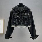 Women's Heavy Industry Riveted Diamond Denim Jacket Spring  Autumn New Slim Fashion Frayed Beaded Jacket Denim Female Tops 2026