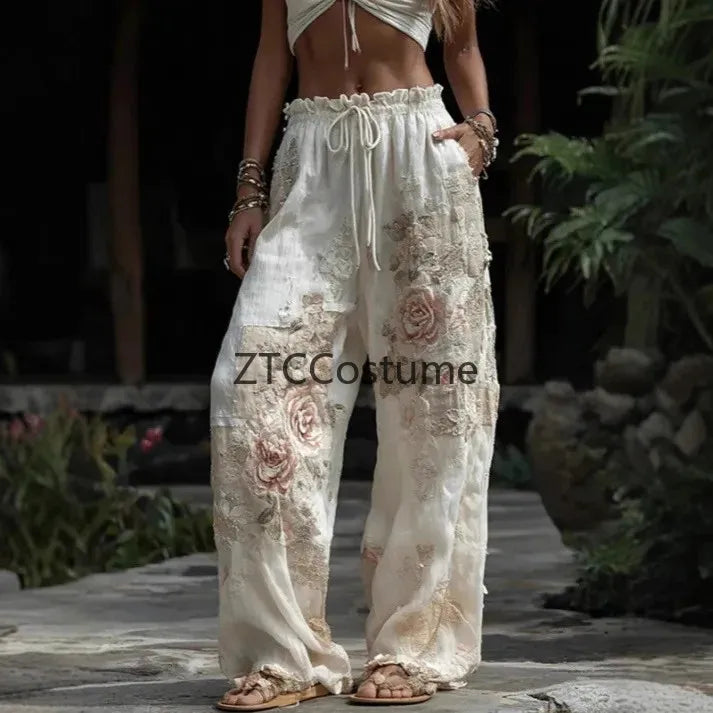 Cosplay Floral Printed Trousers Elegant Women Pants 3D Pattern Straight Leg Casual Party Long Pants