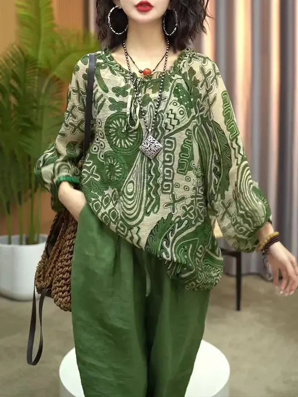 New Womens Cotton and Linen Clothing Sets Female Floral Long Sleeve Tops and Loose Pants Female 2PCS Outfits Plus Size