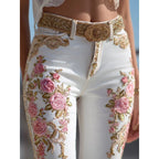 Womens European American Style Floral Print Jeans Straight Leg Casual Denim Pants