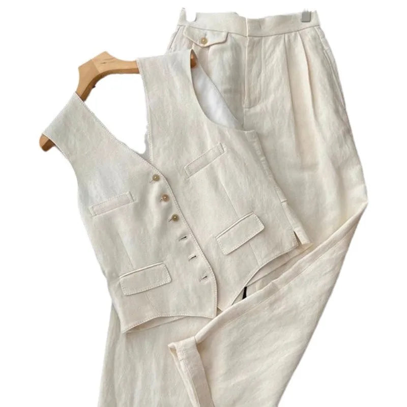 Womens Korean Style Cotton Linen 2 Piece Set Casual Vest Wide Leg Pants Summer Fashion Streetwear Outfits