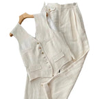 Womens Korean Style Cotton Linen 2 Piece Set Casual Vest Wide Leg Pants Summer Fashion Streetwear Outfits