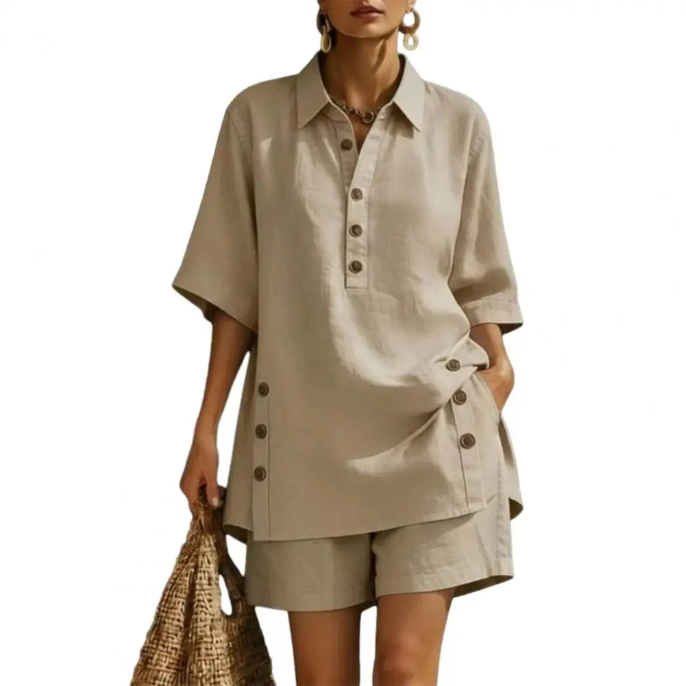 Fresh Color Women Blouse Cotton Linen Set Button Short Sleeve Shirt And Wide Leg Shorts 2 Piece Outfit Summer Women Outfit