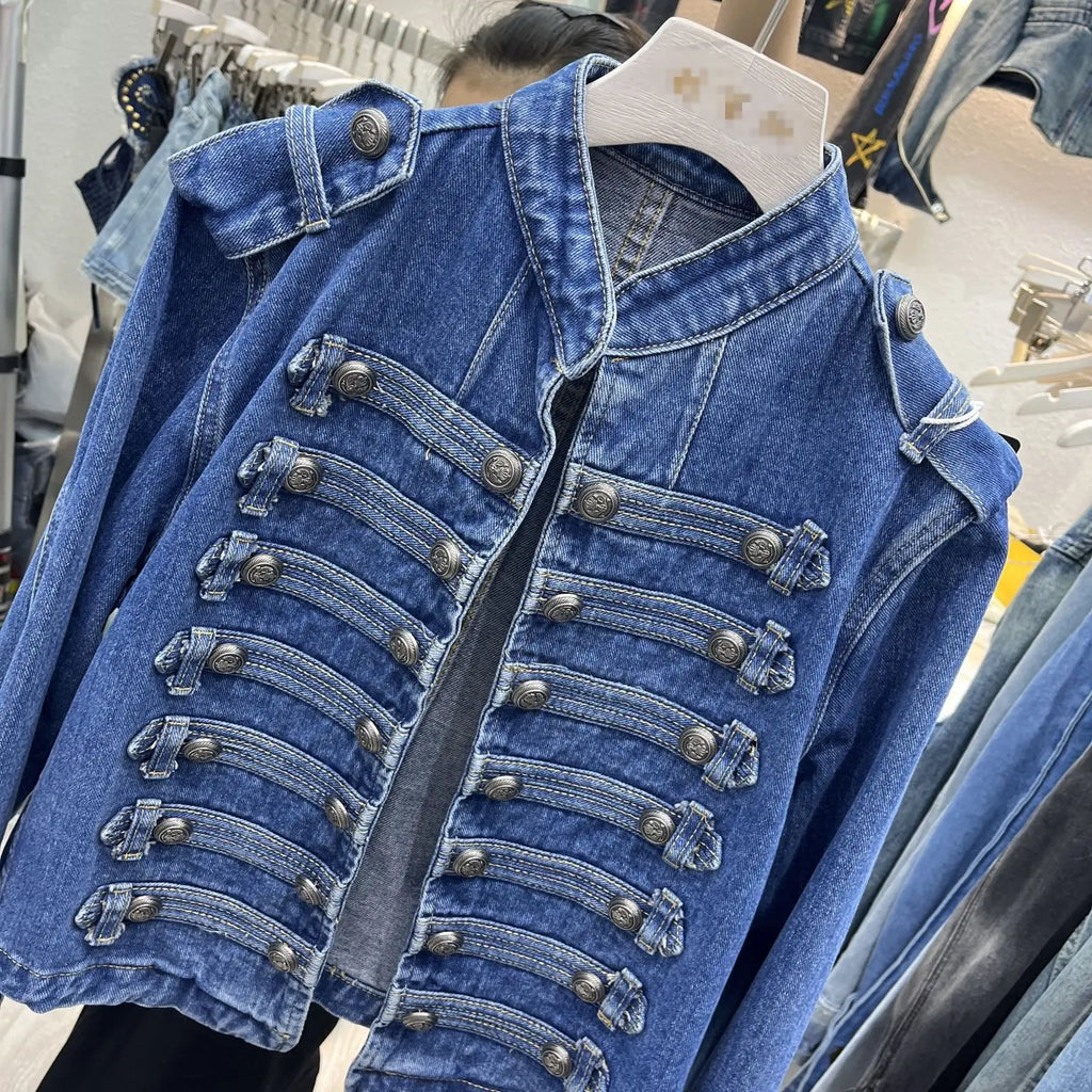 Denim Coat Women Jacket Streetwear Distressed Button Stand Collar Washed Patchwork Female Vintage Autumn Casual Outerwear