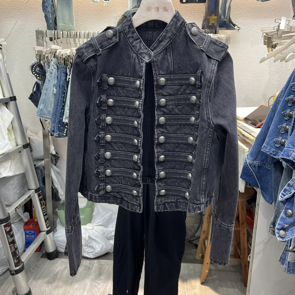 Denim Coat Women Jacket Streetwear Distressed Button Stand Collar Washed Patchwork Female Vintage Autumn Casual Outerwear