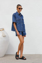 Summer Trendy Women's Casual Loose Pocket Short Sleeve Shirt Cowboy Two Piece Set