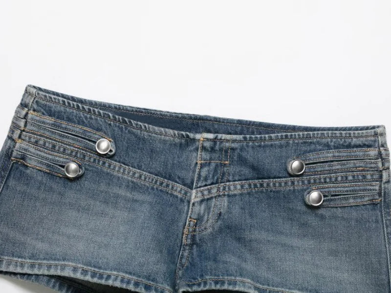 2026 New Women Denim 2 Piece Set Streetwear Button Decorated Stand Collar Cropped Jacket + Low Waist Shorts Y2K Outfi