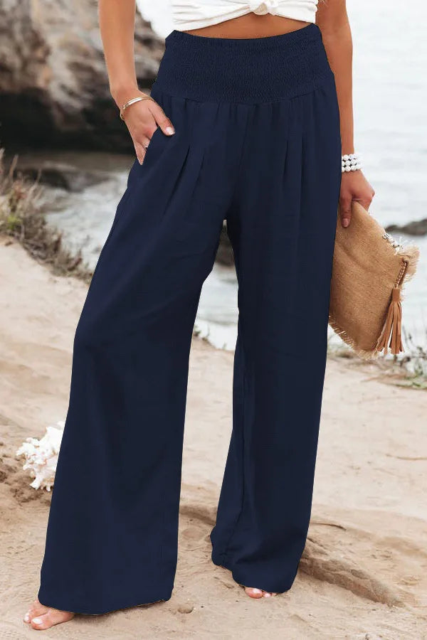 Women's casual pants with drawstring, mid waist, beach wide leg, spring and summer, European and American pants