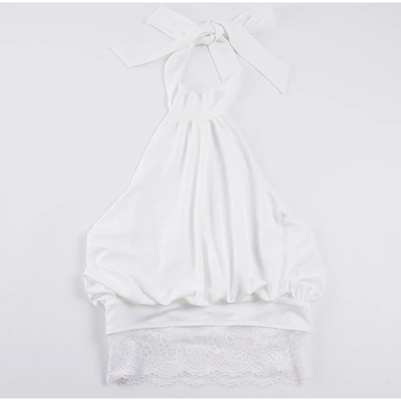 Lace Patchwork Halter Sleeveless Top Bow SLeeveless Tie Slim Fitted 2026 Summer Elegant Women Blouse Versatile Chic Lady Top