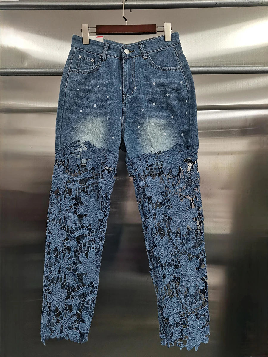 VGH Solid Slimming Hollow Out Temperament Denim Pants For Women High Waist Spliced Button Temperament Trousers Female Fashion