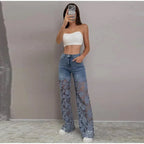 Lace Spliced Elegant Hollow Out Jeans Women New Fashion Temperament High Waist Straight Loose Denim Trousers Y2k Streetwear