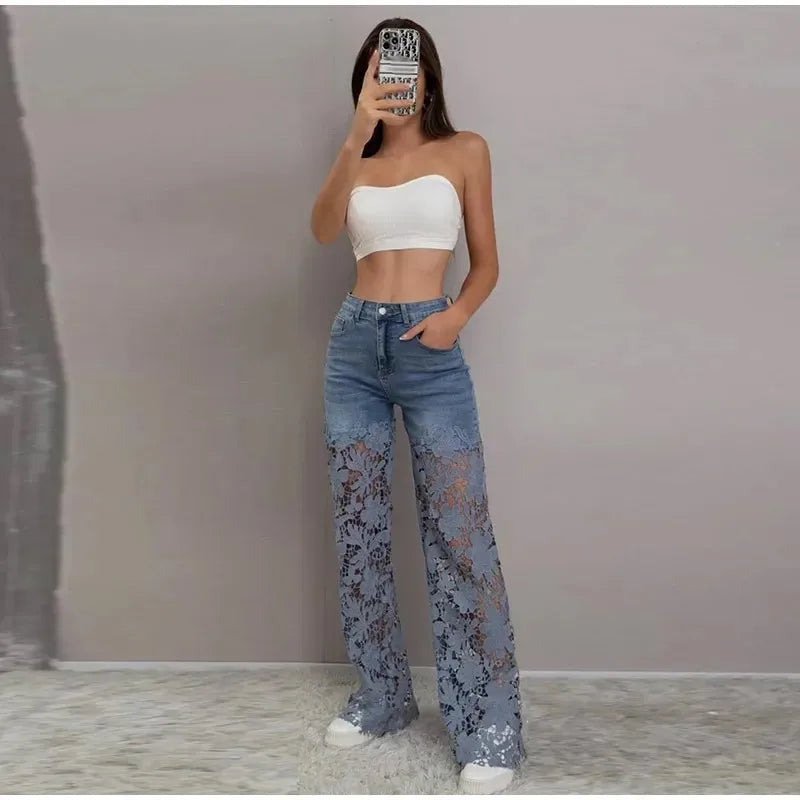 Lace Spliced Elegant Hollow Out Jeans Women New Fashion Temperament High Waist Straight Loose Denim Trousers Y2k Streetwear
