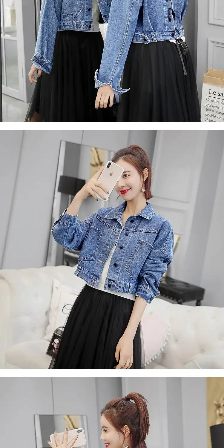 Spring Autumn Denim Jacket for Women Crop Plain Small Short Y2k Clothes Chic and Elegant Cowboy Coat Woman in Promotion New
