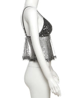 Weird Puss Sequins Patchwork Mesh Camisole Women v-Neck Sexy Backless Summer Trend Street Midnight Versatile Hottie Classic Tops