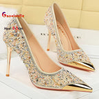 Shiny Crystal Apricot High Heels 9.5cm Women's Shoes Thin Heels Metal Pointed Ladies Pumps Shallow Slip On Stiletto Party Shoes