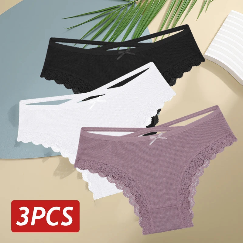 3PCS/Set Women’s Cotton Lace Bikini Panties – Low-Rise Breathable Soft Stretch Underwear (95% Cotton Comfort Fit) Sexy Low Rise Lace Brazilian Panties Hollow Out Soft Breathable Lingerie Female Bow Underwear S-XL