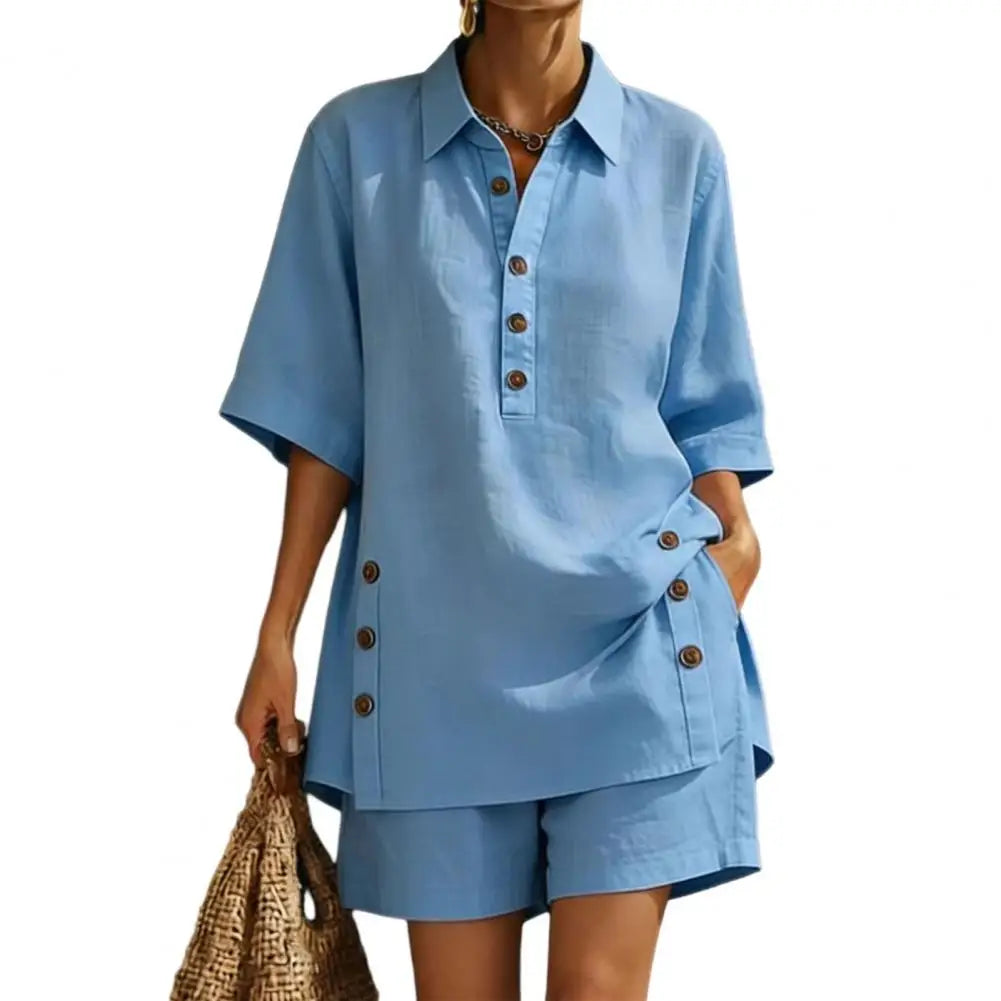 Fresh Color Women Blouse Cotton Linen Set Button Short Sleeve Shirt And Wide Leg Shorts 2 Piece Outfit Summer Women Outfit