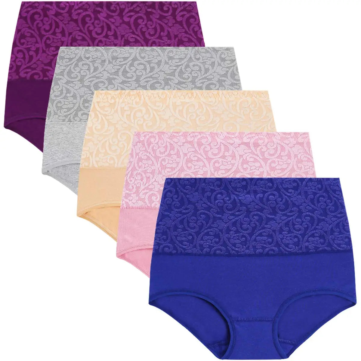 Plus Size Women's Cotton Underwear High Waisted Tummy Control Panties Full Coverage Briefs Jacquard Ladies Panty 3 Pack