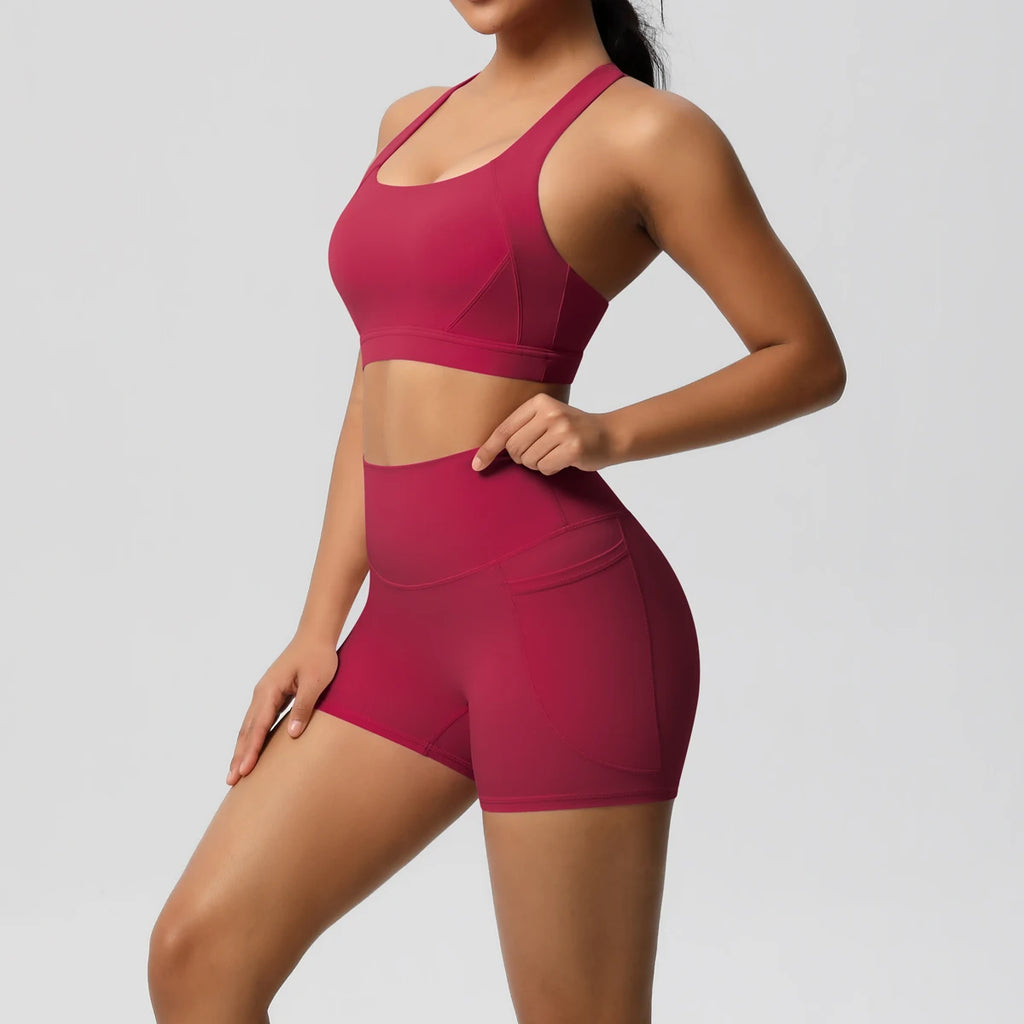 2PCS Sportswear With Pocketed Yoga Set Gym Clothes Yoga Suits For Women Tracksuits Sports Shorts Crossover Bra Gym Leggings