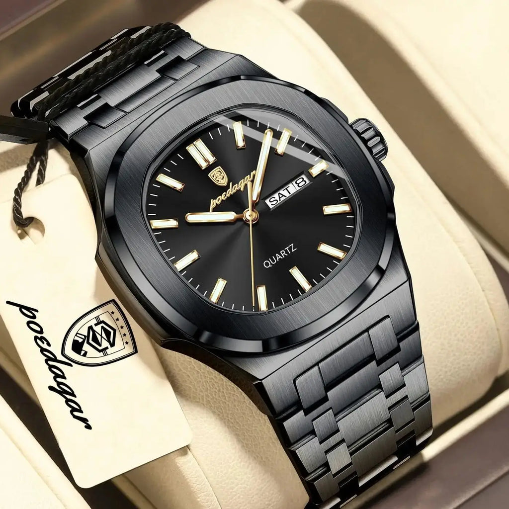 POEDAGAR Top Trendy Men's Watches Waterproof Luminous Date Week Luxury Men Watch Stainless Steel Quartz Business Man Clock Reloj
