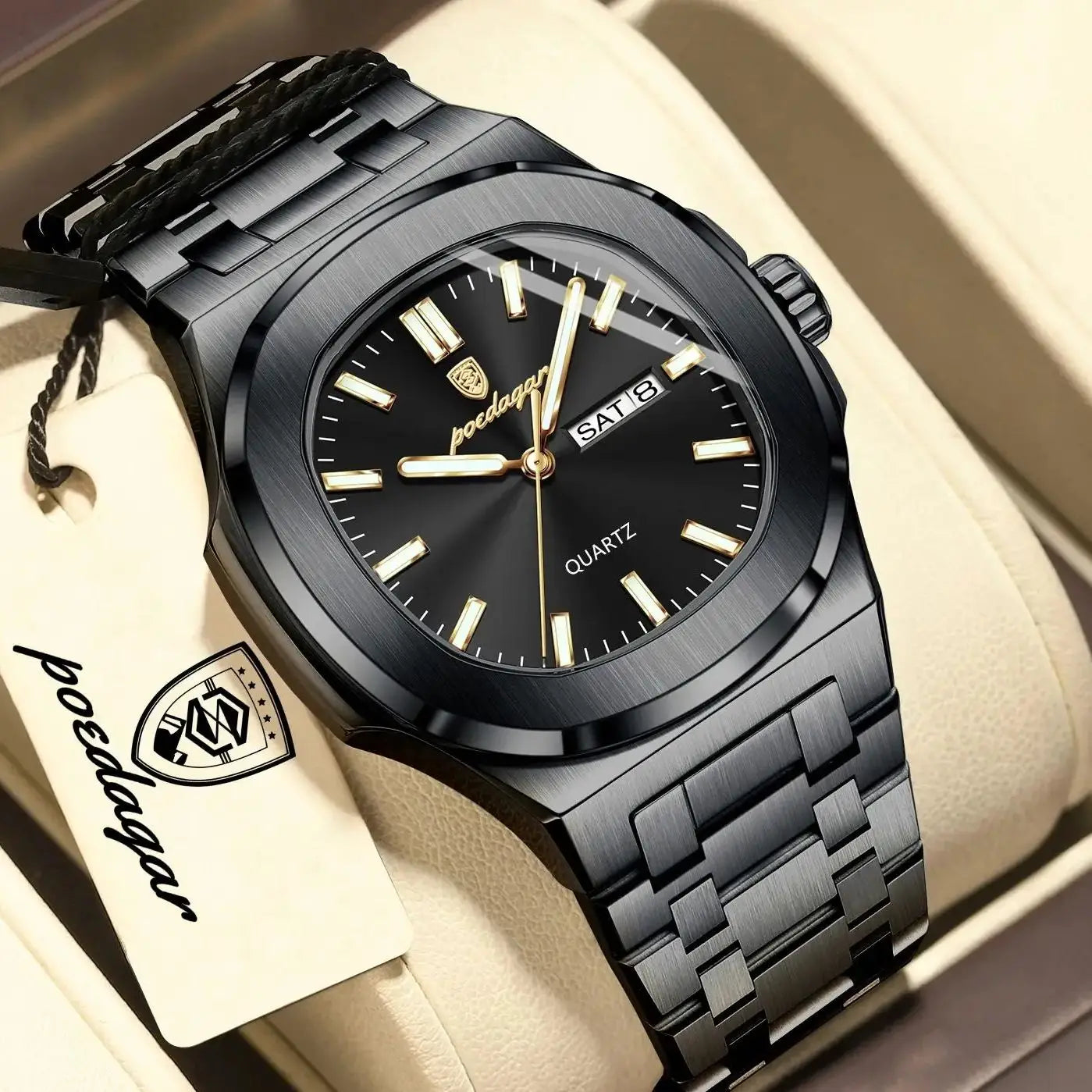 POEDAGAR Top Trendy Men's Watches Waterproof Luminous Date Week Luxury Men Watch Stainless Steel Quartz Business Man Clock Reloj