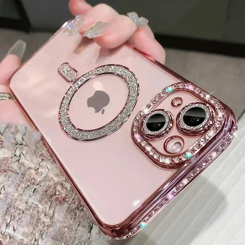 Clear Bling Crystal Phone Case For iPhone 16 15 14 11 12 13 Pro Max Plus For Magsafe Magnetic Wireless Charging Lens Film Cover