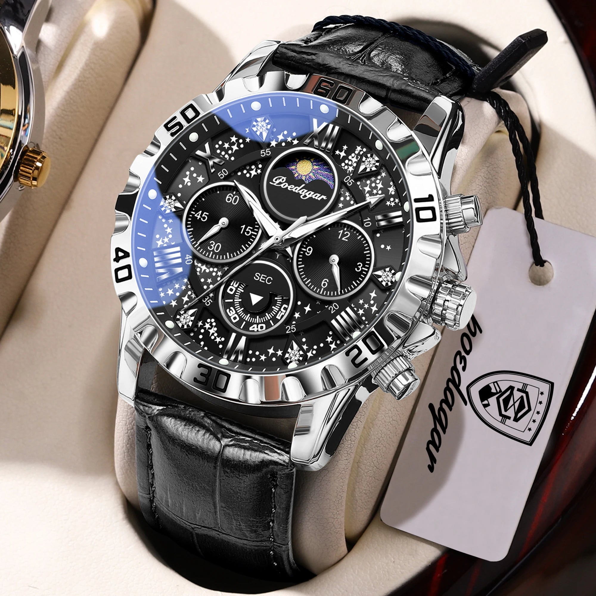 POEDAGAR Top Functional Luxury Man Wristwatch Waterproof Luminous Chronograph Leather Sports Watches For Men Quartz Men's Watch