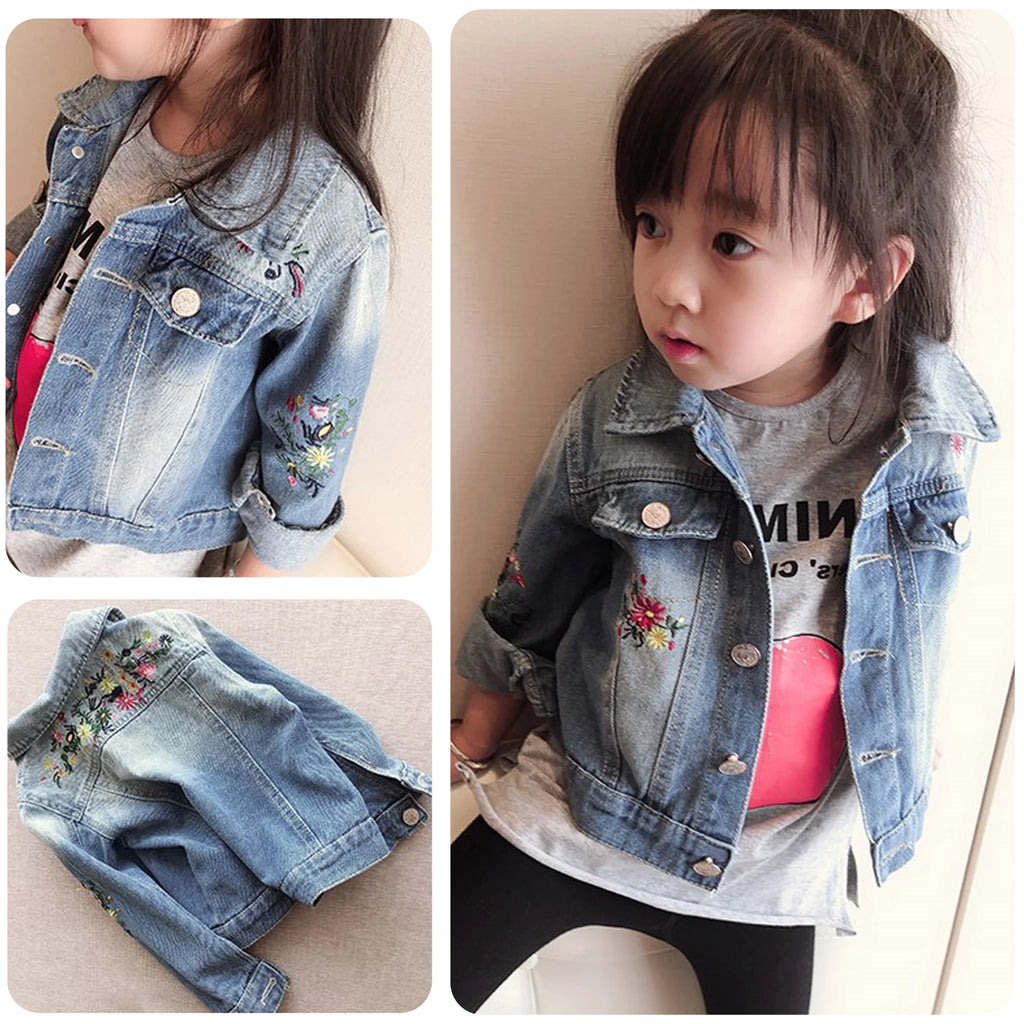 Girls' Denim Jacket with Embroidered,Flowers Fashion Kids Denim Jacket,Toddlers Transition Coat,Casual Children's Cowboy Outwear
