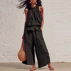 Summer Cotton Linen Solid Color Sleeveless Vest Top Women Pants Suit Casual Pocket Elegant Female Office Retro 2 Piece Set